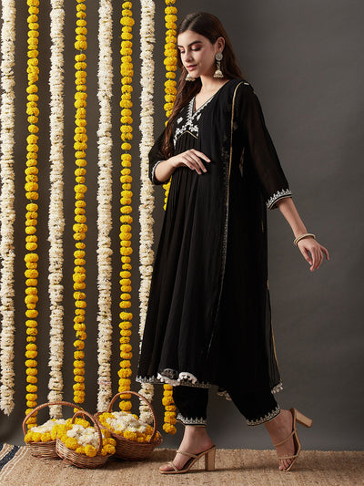 Indyancart RV Women's Faux Georgette Fabric  Embroidered Kurta Set With Dupatta