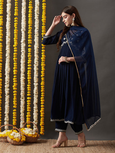 Indyancart RV Women's Faux Georgette Fabric  Embroidered Kurta Set With Dupatta