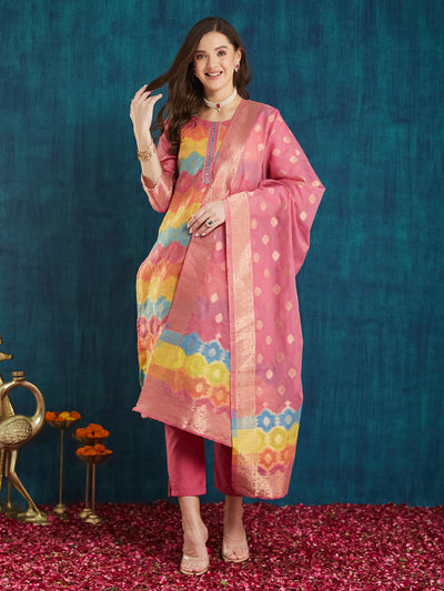 Indyancart RV Women's Cotton Chanderi Fabric Jacquard  Kurta Set With Jacquard Print Dupatta