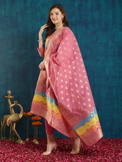 Indyancart RV Women's Cotton Chanderi Fabric Jacquard  Kurta Set With Jacquard Print Dupatta