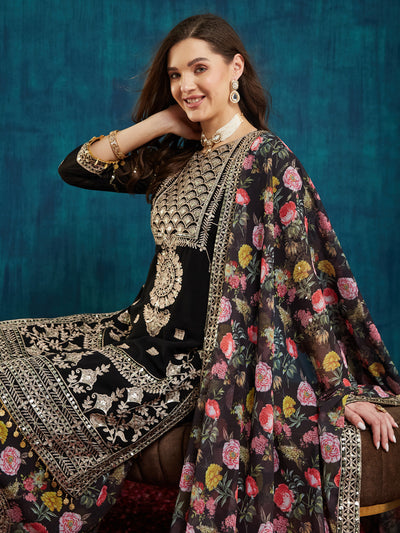 Indyancart RV Women's Faux Georgette Fabric Zari Sequence embroidery Work Kurtaset With Dupatta