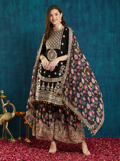 Indyancart RV Women's Faux Georgette Fabric Zari Sequence embroidery Work Kurtaset With Dupatta