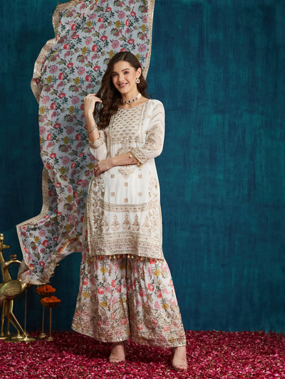 Indyancart RV Women's Faux Georgette Fabric Zari Sequence embroidery Work Kurtaset With Dupatta