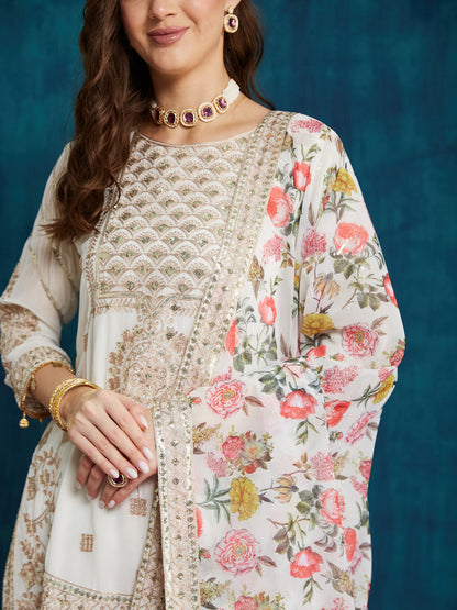 Indyancart RV Women's Faux Georgette Fabric Zari Sequence embroidery Work Kurtaset With Dupatta