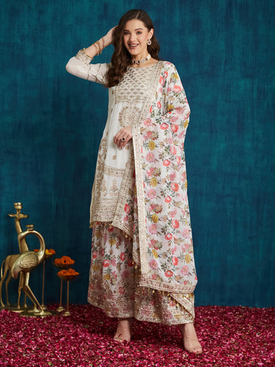 Indyancart RV Women's Faux Georgette Fabric Zari Sequence embroidery Work Kurtaset With Dupatta