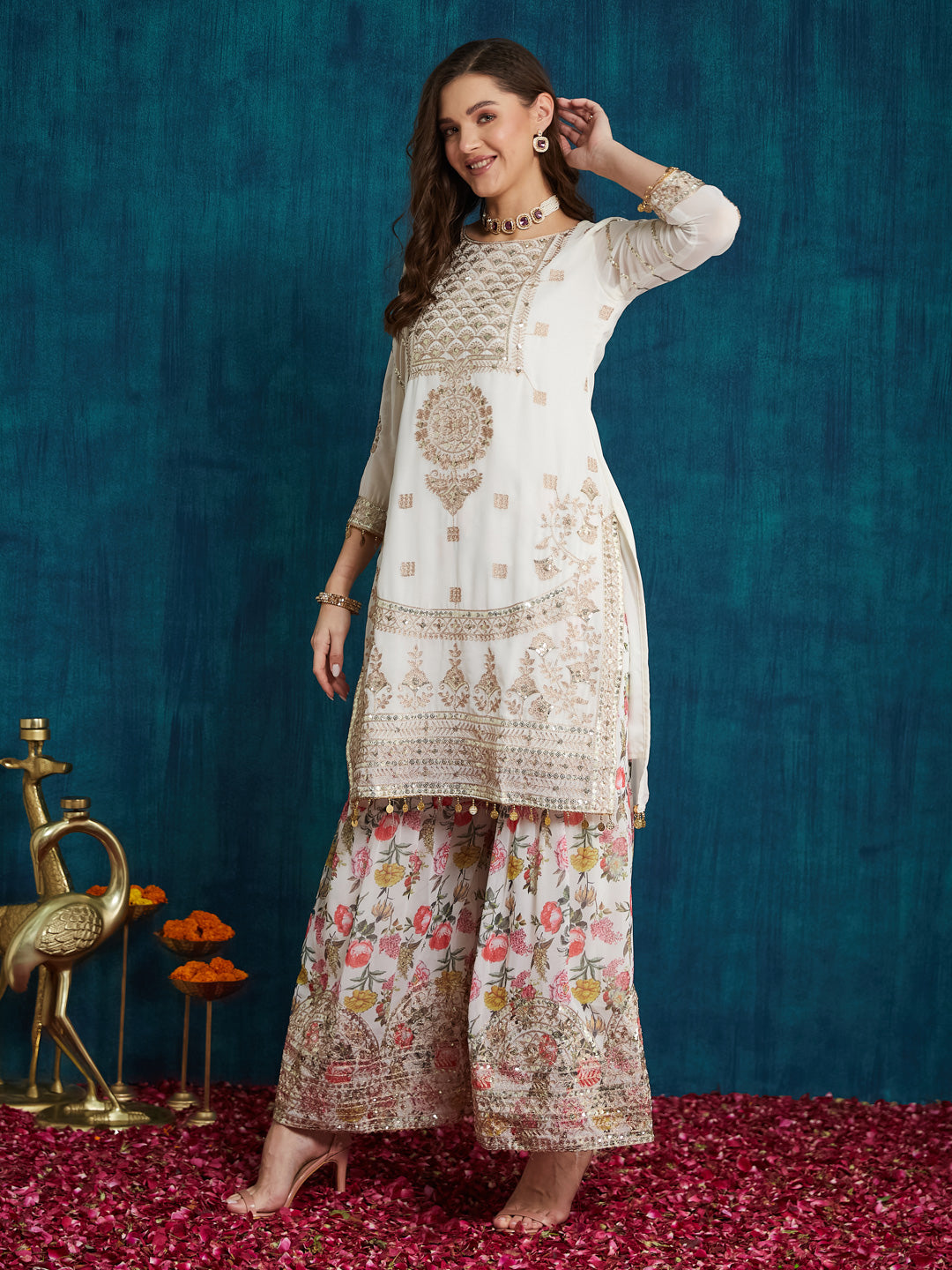 Indyancart RV Women's Faux Georgette Fabric Zari Sequence embroidery Work Kurtaset With Dupatta