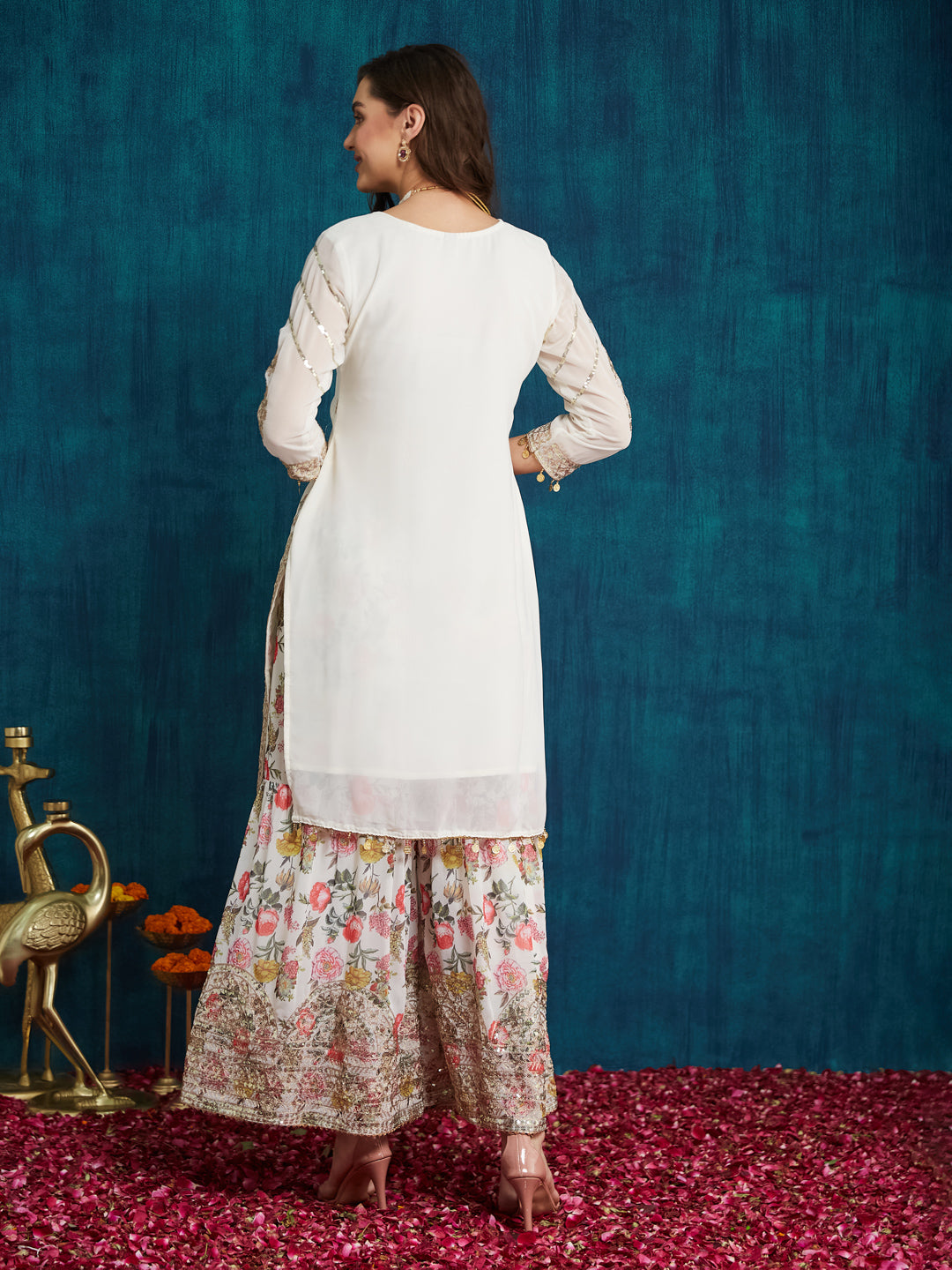 Indyancart RV Women's Faux Georgette Fabric Zari Sequence embroidery Work Kurtaset With Dupatta