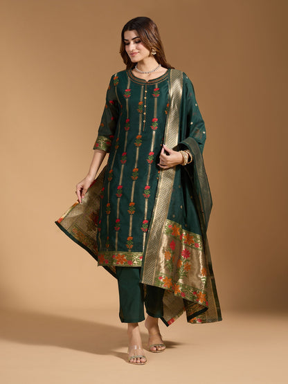Dhiyona RV Women's Cotton Chanderi Fabric Jacquard Print Kurta Set With Dupatta