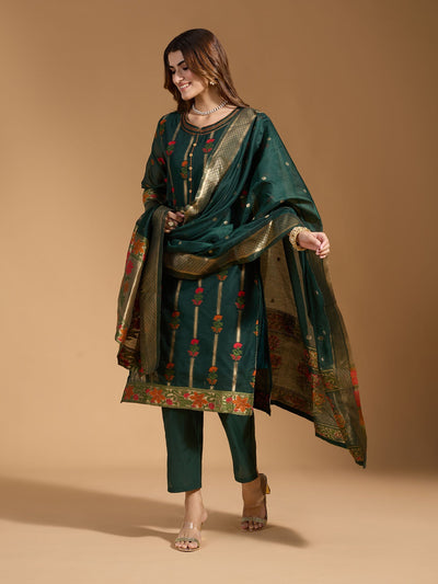 Indyancart RV Women's Cotton Chanderi Fabric Jacquard Print Kurta Set With Dupatta