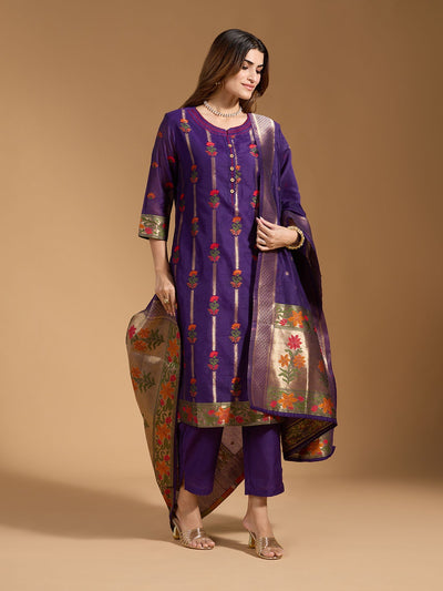 Indyancart RV Women's Cotton Chanderi Fabric Jacquard Print Kurta Set With Dupatta