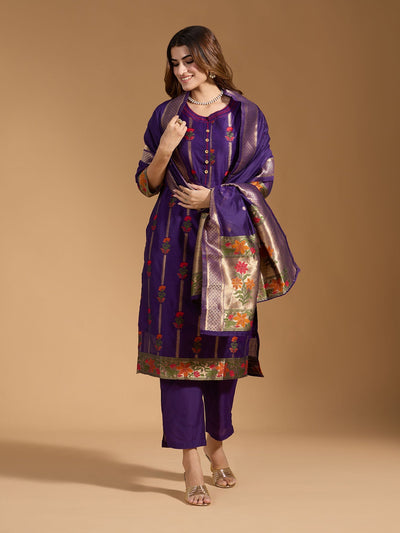Indyancart RV Women's Cotton Chanderi Fabric Jacquard Print Kurta Set With Dupatta