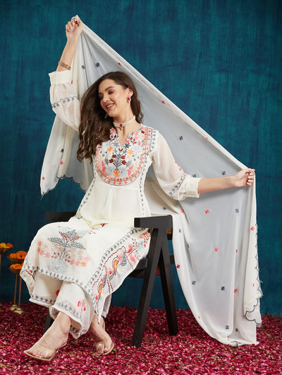 Indyancart RV Women's Faux Georgette Fabric Thread Embroidery Kurta set With Dupatta