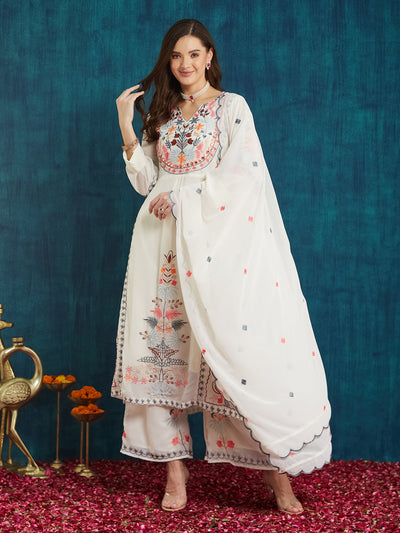 Indyancart RV Women's Faux Georgette Fabric Thread Embroidery Kurta set With Dupatta