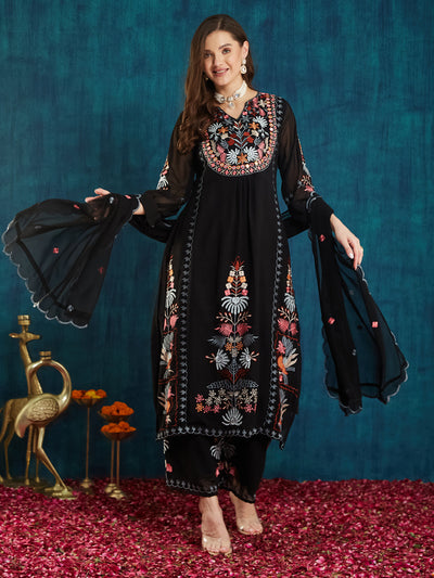 Indyancart RV Women's Faux Georgette Fabric Thread Embroidery Kurta set With Dupatta