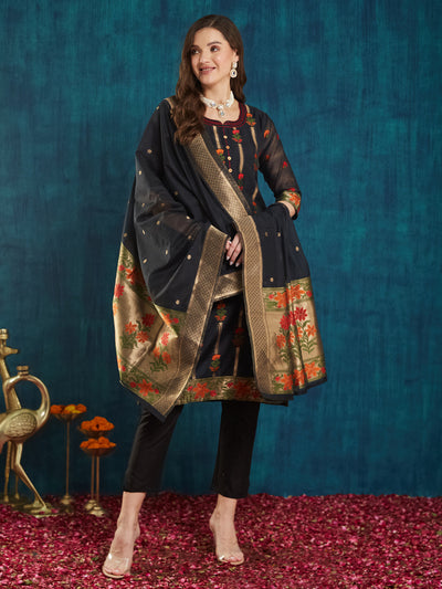 Indyancart RV Women's Cotton Chanderi Fabric Jacquard Print Kurta Set With Dupatta