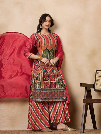Indyancart RV Women's Exclusive Chinon Fabric Sequence Work Straight Kurta,Palazzo With Dupatta
