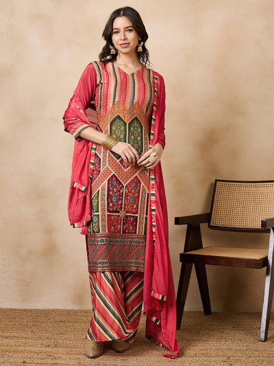 Indyancart RV Women's Exclusive Chinon Fabric Sequence Work Straight Kurta,Palazzo With Dupatta