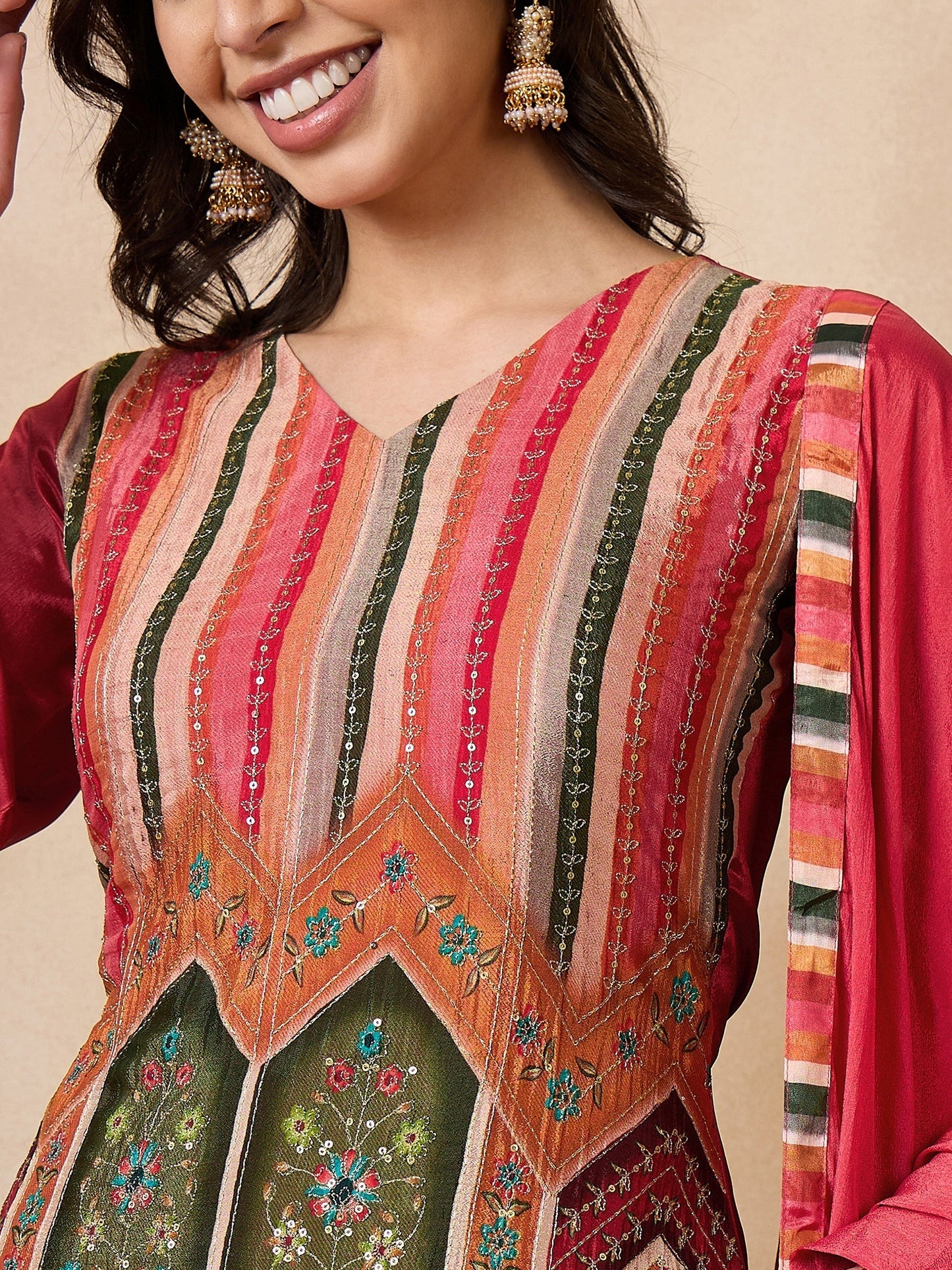 Dhiyona RV Women's Exclusive Chinon Fabric Sequence Work Straight Kurta,Palazzo With Dupatta