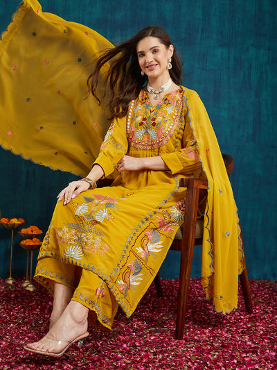 Indyancart RV Women's Faux Georgette Fabric Thread Embroidery Kurta set With Dupatta