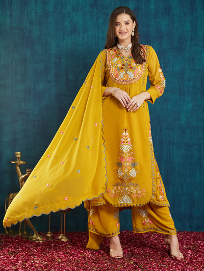 Indyancart RV Women's Faux Georgette Fabric Thread Embroidery Kurta set With Dupatta