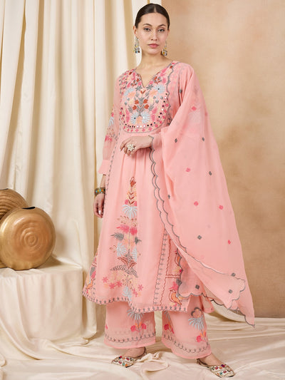 Indyancart RV Women's Faux Georgette Fabric Thread Embroidery Kurta set With Dupatta