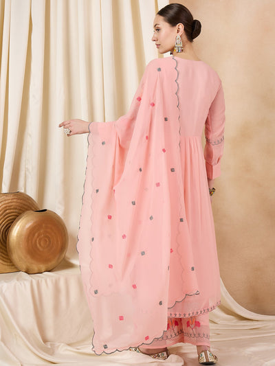 Indyancart RV Women's Faux Georgette Fabric Thread Embroidery Kurta set With Dupatta