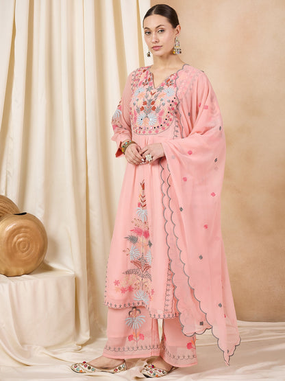 Dhiyona RV Women's Faux Georgette Fabric Thread Embroidery Kurta set With Dupatta