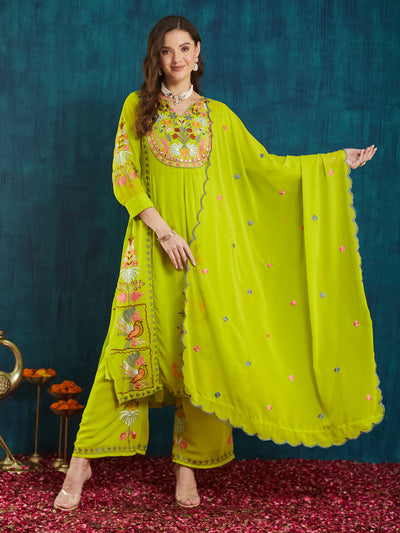 Indyancart RV Women's Faux Georgette Fabric Thread Embroidery Kurta set With Dupatta
