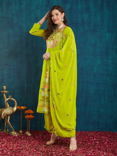Indyancart RV Women's Faux Georgette Fabric Thread Embroidery Kurta set With Dupatta
