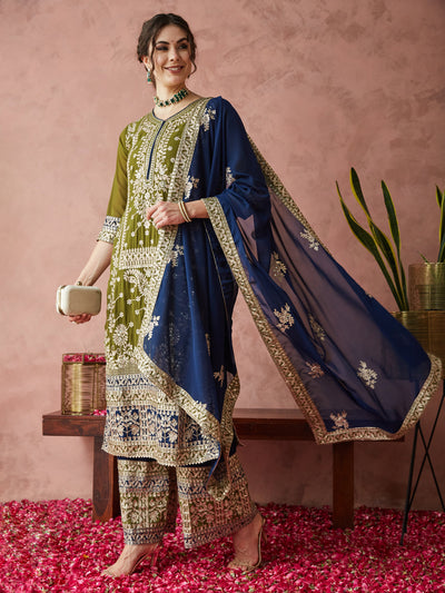 Indyancart RV Women's Faux Georgette Fabric Zari Embroidery Kurtaset With Dupatta