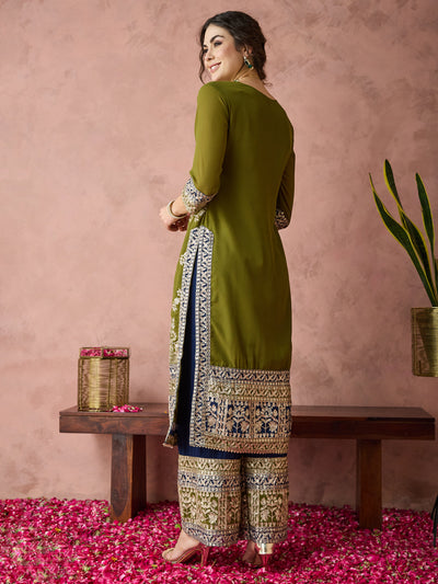 Indyancart RV Women's Faux Georgette Fabric Zari Embroidery Kurtaset With Dupatta