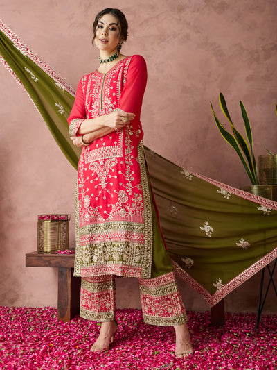 Indyancart RV Women's Faux Georgette Fabric Zari Embroidery Kurtaset With Dupatta