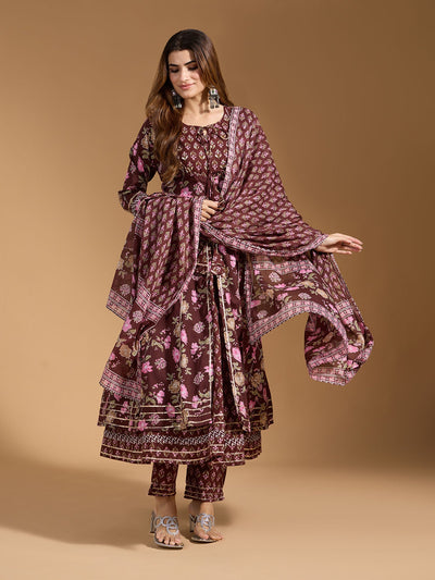 Indyancart RV Women's Exclusive Jaipuri Cotton Fabric Printed Anarkali Kurtaset With Dupatta.