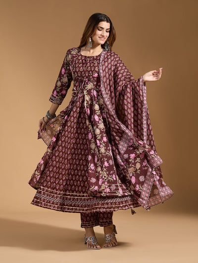 Indyancart RV Women's Exclusive Jaipuri Cotton Fabric Printed Anarkali Kurtaset With Dupatta.