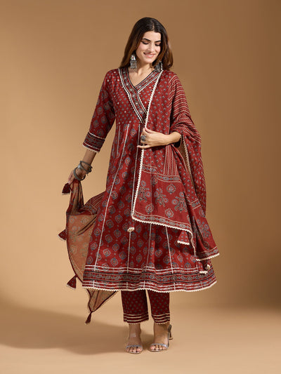 Indyancart RV Women's Exclusive Jaipuri Cotton Fabric Printed Anarkali Kurtaset With Dupatta.