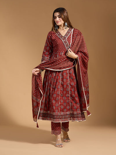 Indyancart RV Women's Exclusive Jaipuri Cotton Fabric Printed Anarkali Kurtaset With Dupatta.
