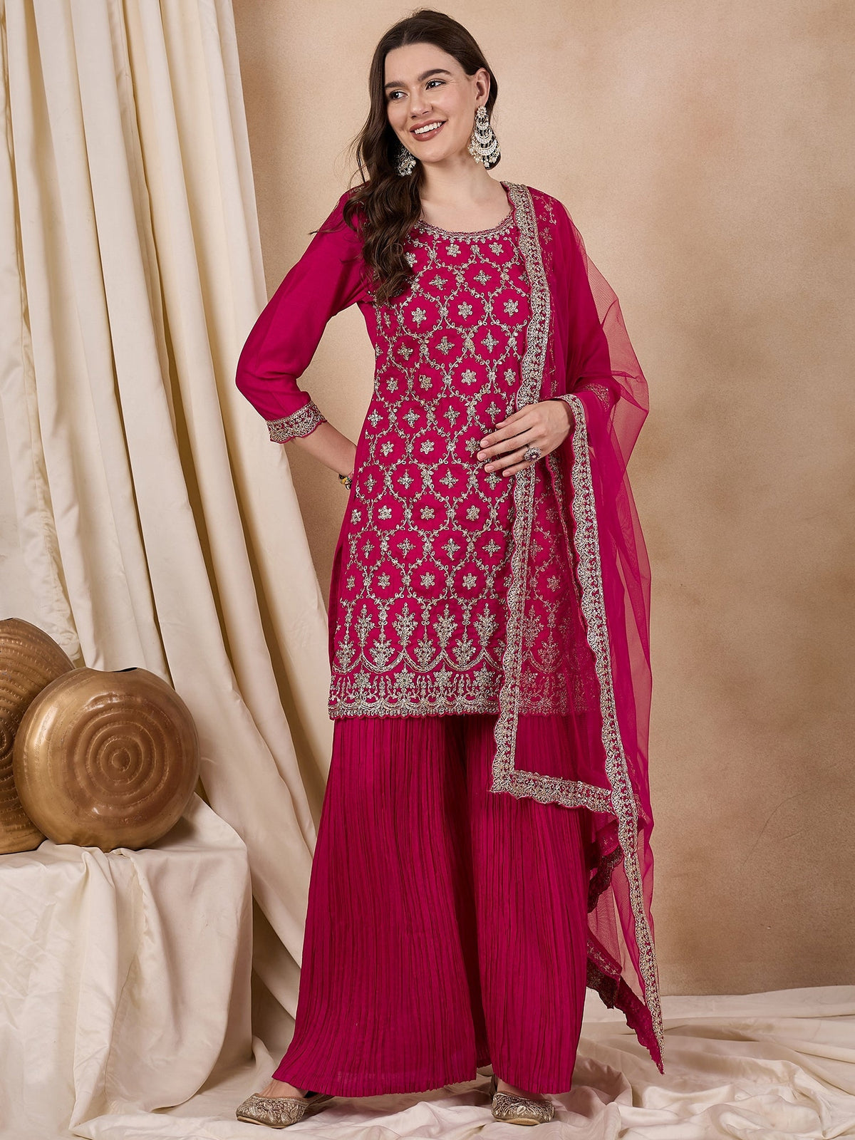 Indyancart RV Women's Vichitra Silk Fabric Coding Sequence Embroidery Kurtaset With Dupatta.