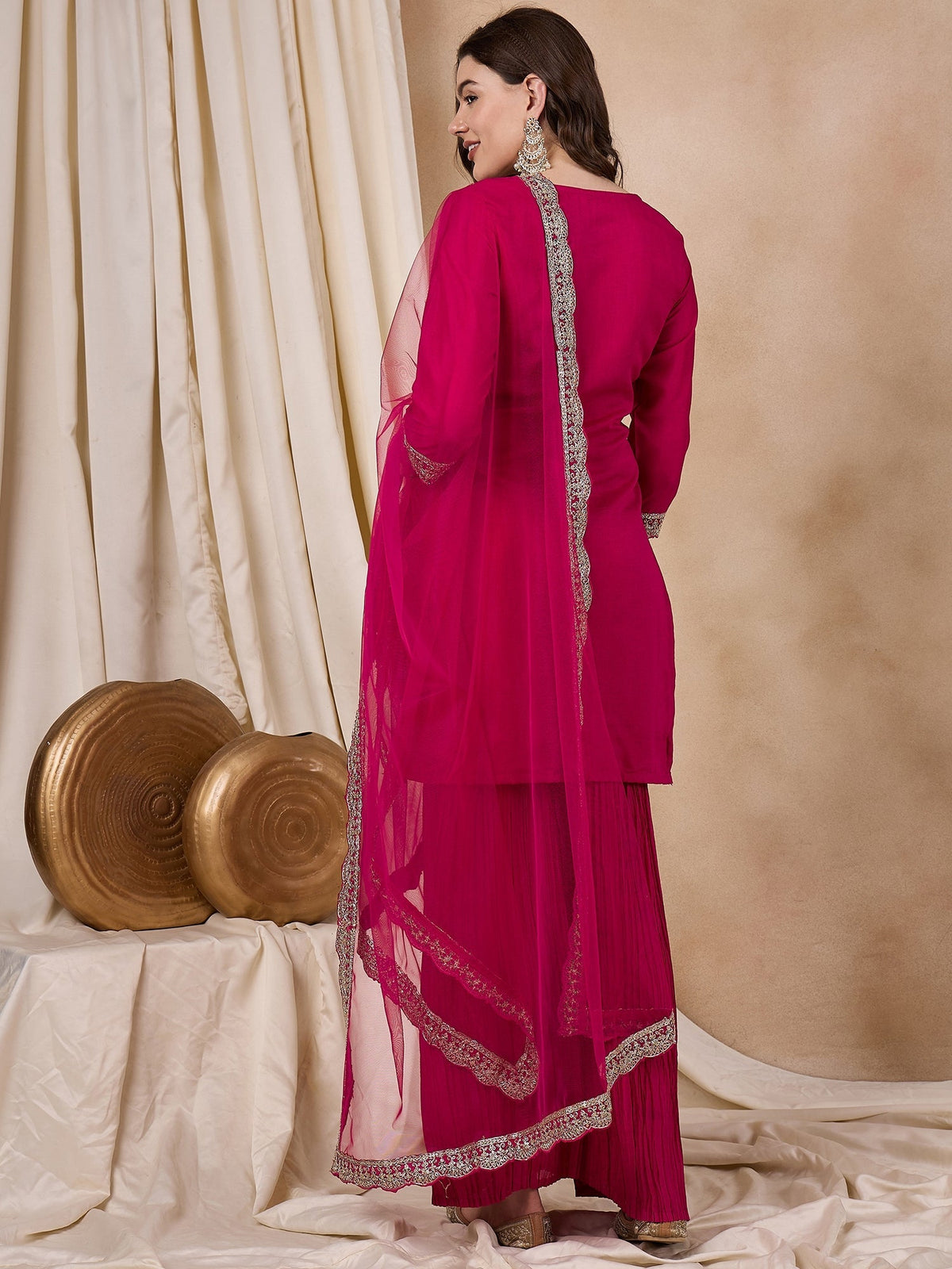 Indyancart RV Women's Vichitra Silk Fabric Coding Sequence Embroidery Kurtaset With Dupatta.