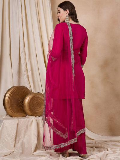 Indyancart RV Women's Vichitra Silk Fabric Coding Sequence Embroidery Kurtaset With Dupatta.