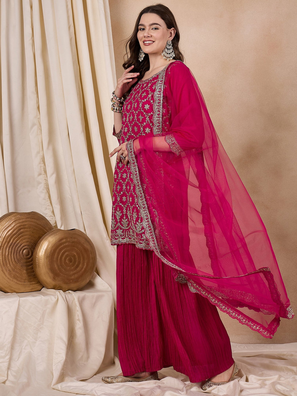 Indyancart RV Women's Vichitra Silk Fabric Coding Sequence Embroidery Kurtaset With Dupatta.