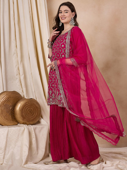 Indyancart RV Women's Vichitra Silk Fabric Coding Sequence Embroidery Kurtaset With Dupatta.