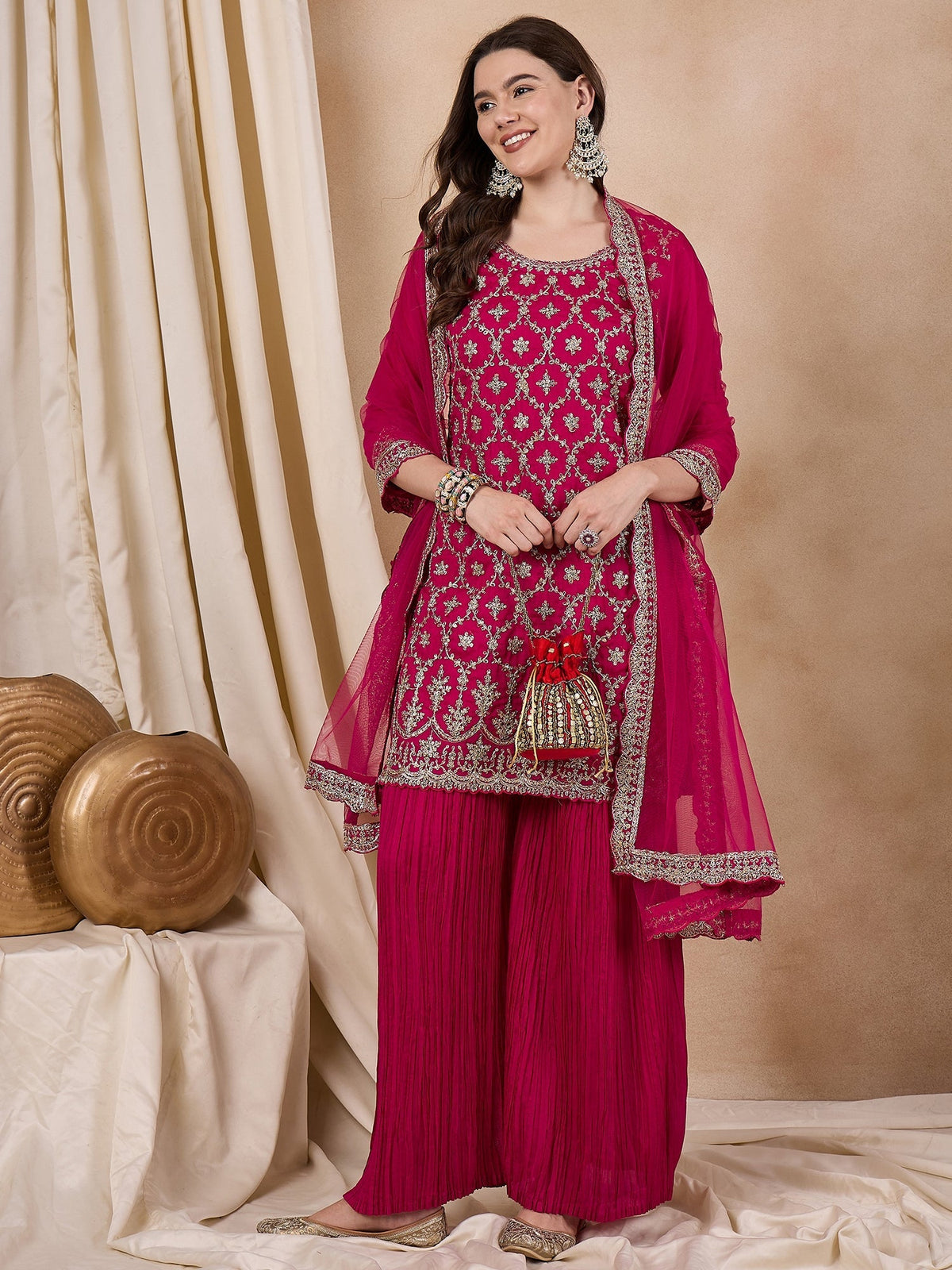 Indyancart RV Women's Vichitra Silk Fabric Coding Sequence Embroidery Kurtaset With Dupatta.