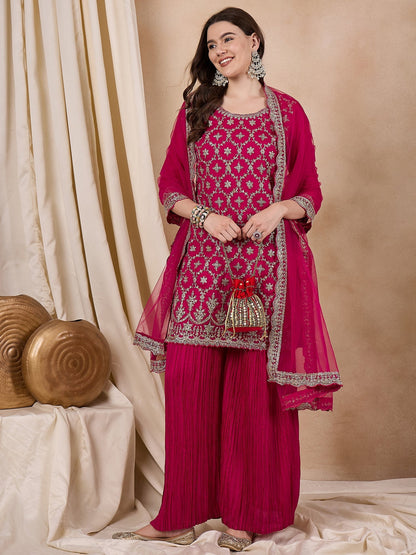 Indyancart RV Women's Vichitra Silk Fabric Coding Sequence Embroidery Kurtaset With Dupatta.