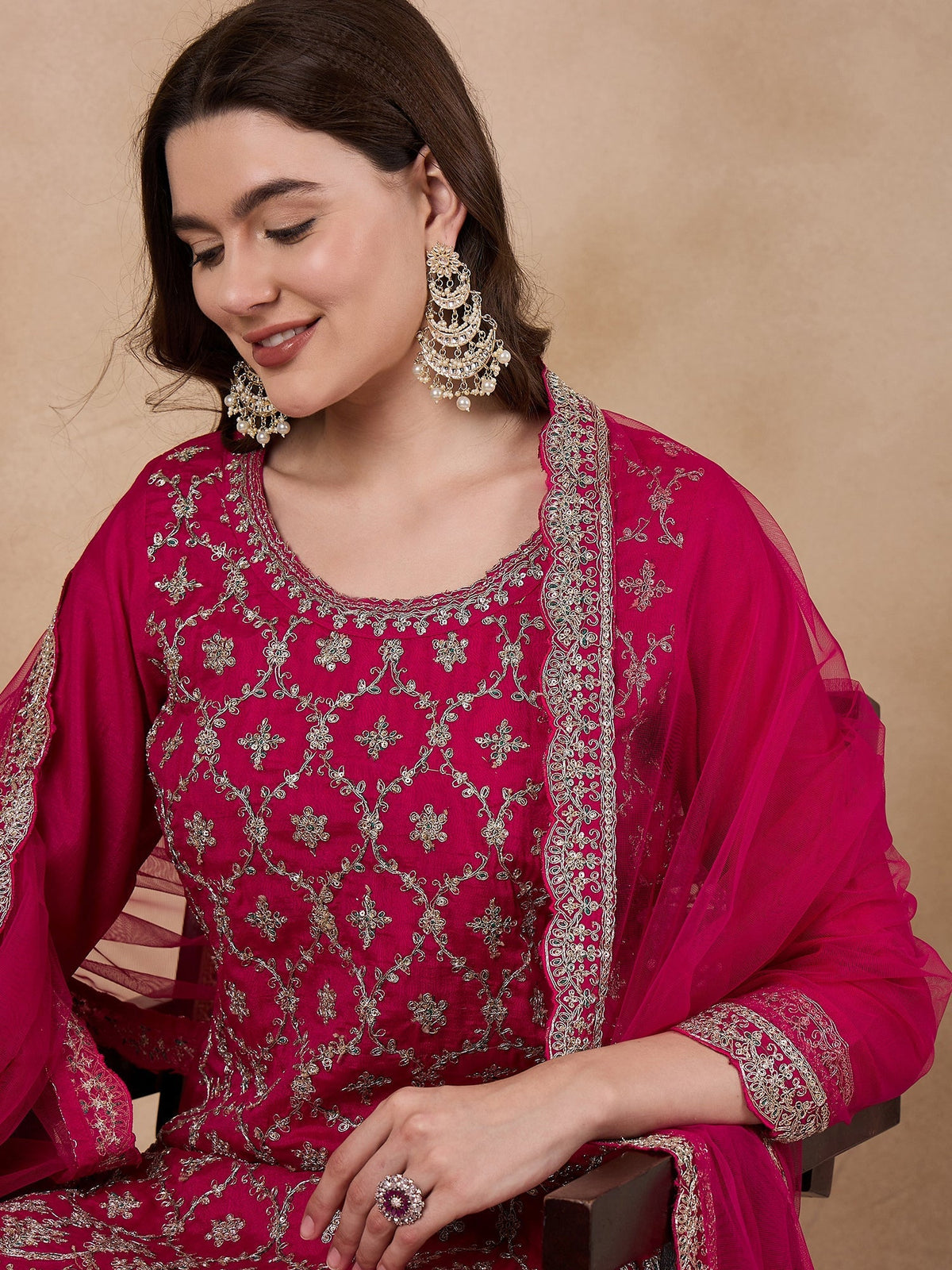 Indyancart RV Women's Vichitra Silk Fabric Coding Sequence Embroidery Kurtaset With Dupatta.