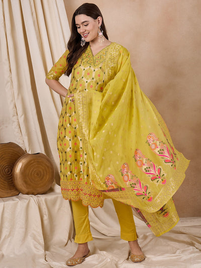 Indyancart RV Women's Cotton Chanderi Fabric Jacquard Print Kurta Set With Dupatta