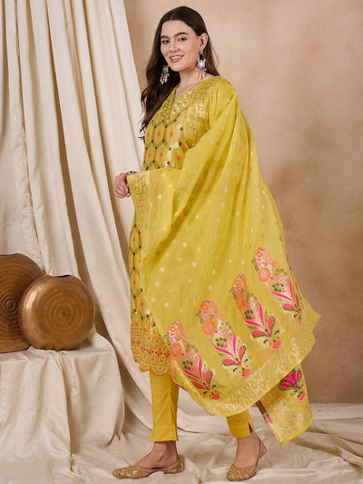 Indyancart RV Women's Cotton Chanderi Fabric Jacquard Print Kurta Set With Dupatta