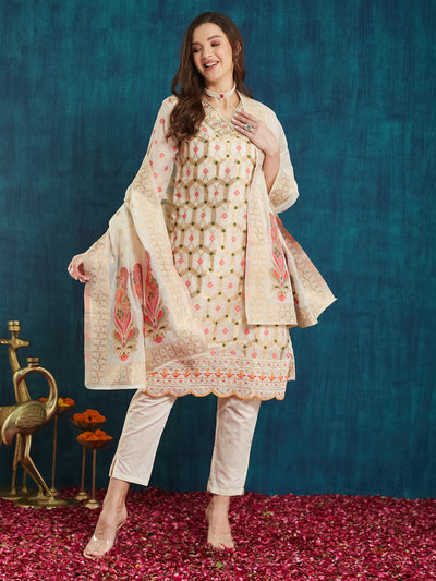 Indyancart RV Women's Cotton Chanderi Fabric Jacquard Print Kurta Set With Dupatta