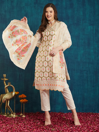 Indyancart RV Women's Cotton Chanderi Fabric Jacquard Print Kurta Set With Dupatta
