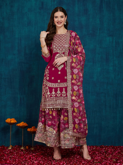 Indyancart RV Women's Faux Georgette Fabric Zari Sequence embroidery Work Kurtaset With Dupatta