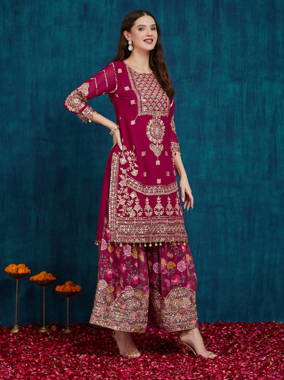 Indyancart RV Women's Faux Georgette Fabric Zari Sequence embroidery Work Kurtaset With Dupatta